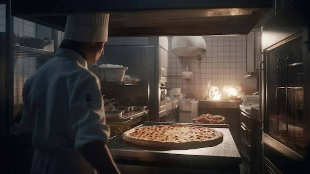 Chef in white uniform and hairnet putting pizza in the oven generated ai image