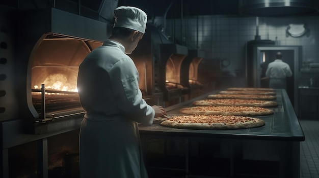 Chef in white uniform and hairnet putting pizza in the oven generated ai image