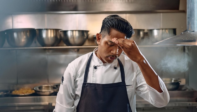 A chef wiping sweat from their brow with the back of their hand the heat of the overcrowded kitchen