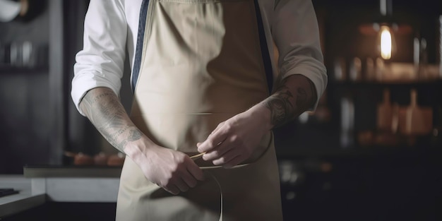 Chef with white apron and white shirt with kitchen ustensiles