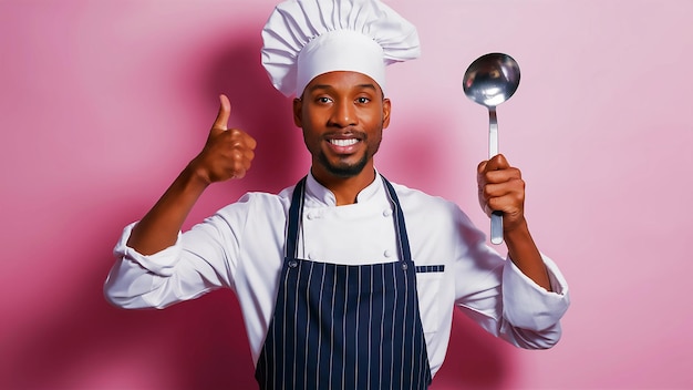 a chef with a white hat and a blue apron holding a spoon