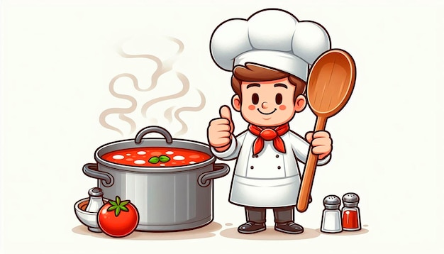 a chef with a wooden spatula and a pot of tomato sauce