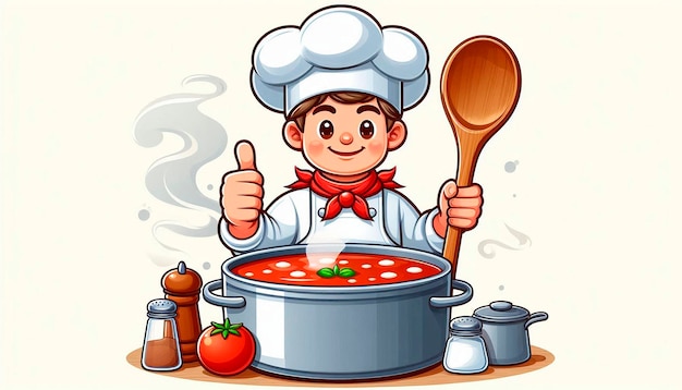 a chef with a wooden spoon and a pot of tomatoes and a pot of tomato