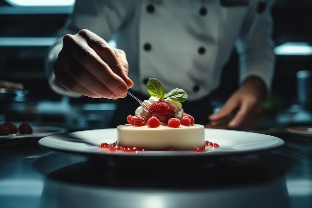 A chef39s hand carefully decorates a white mousse dessert with a delicate strawberry and basil garnish