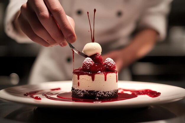 Photo a chef39s hand drizzles a red sauce over a white cake with raspberries and a white dollop of cream