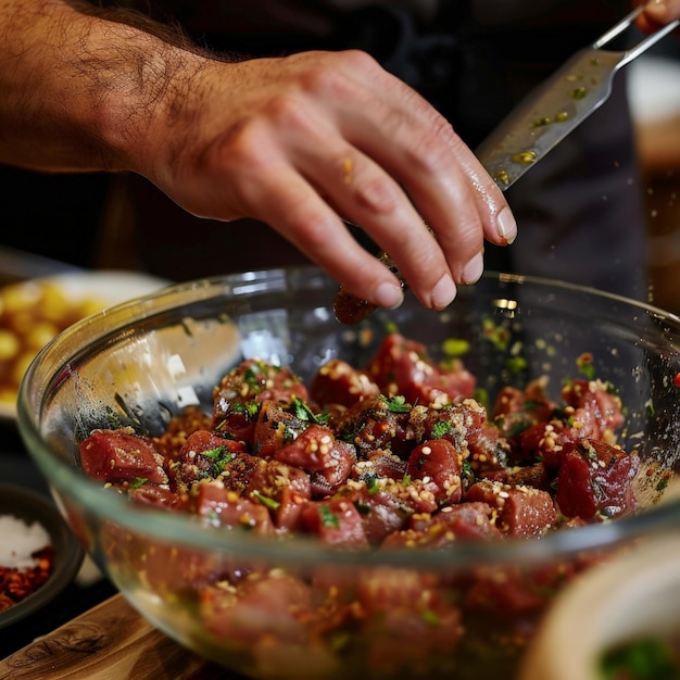 Photo a chef39s hands marinating meat in a glass mixing bowl job id 4c9e5943858942cd99946ea99c1e5576