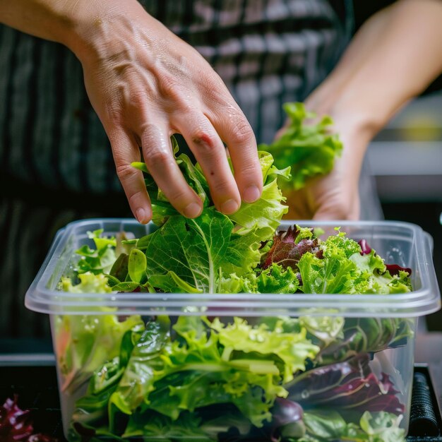 A chef39s hands using a food storage container to store salad greens Job ID 9bcf9822085c4fa69cfc8dc682685aea