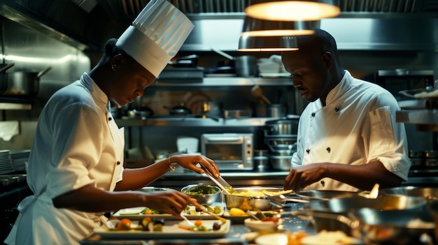 Chefs concentrated on preparing elaborate dishes in a sophisticated restaurant kitchen illustrating the artistry of gourmet cooking