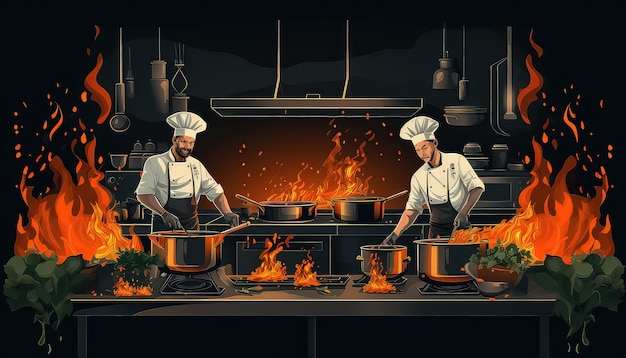 chefs cook in their kitchen and serve food on fire