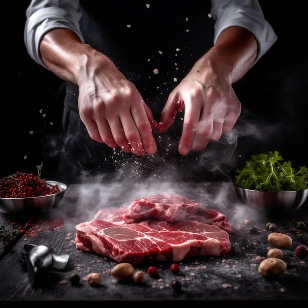 Chefs Expertly Preparing Meat Skilled Hands Seasoning with Salt and Pepper Generative AI