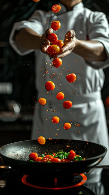 Photo a chefs hand is seen sprinkling fresh orange slices onto a sizzling skillet of vegetables