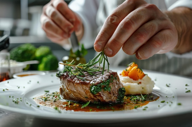 Photo chefs hand plating gourmet steak with herbs and mashed potatoes