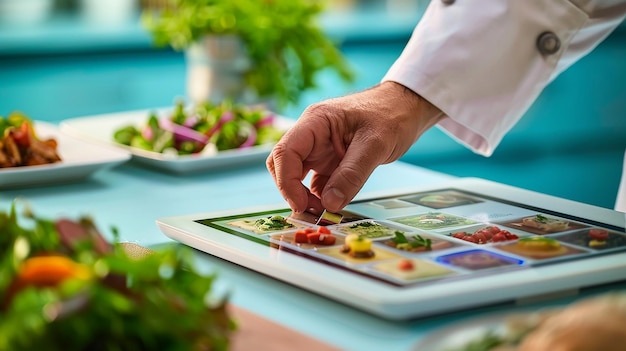 Photo chefs hand selecting recipes on a digital tablet