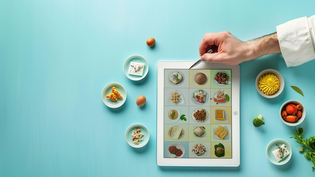 Photo chefs hand selecting recipes on tablet