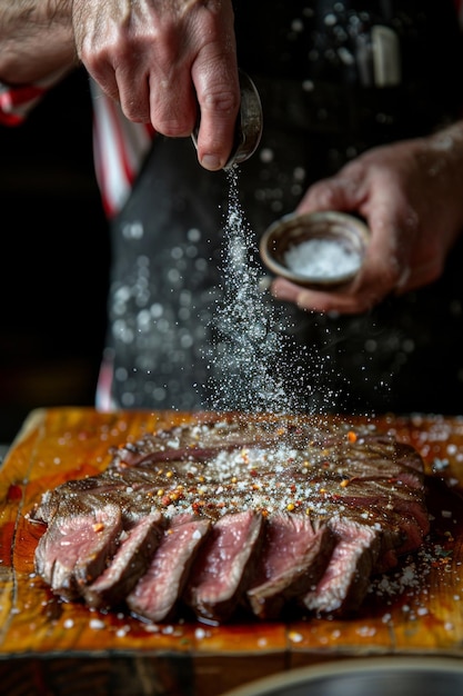 Chefs hands adding salt seasoning to a juicy steak on a cutting board