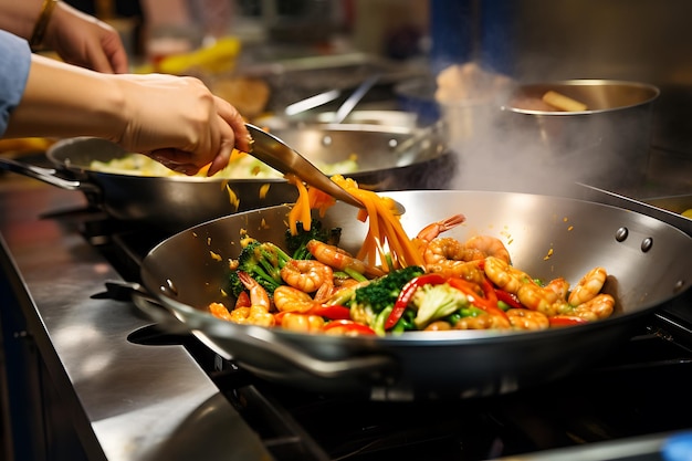 Chefs hands cooking stir fry vegetables and seafood in a restaurant