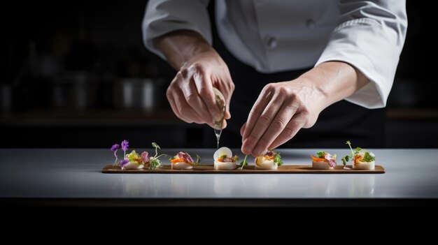 Photo the chefs hands creating a minimalist culinary masterpiece