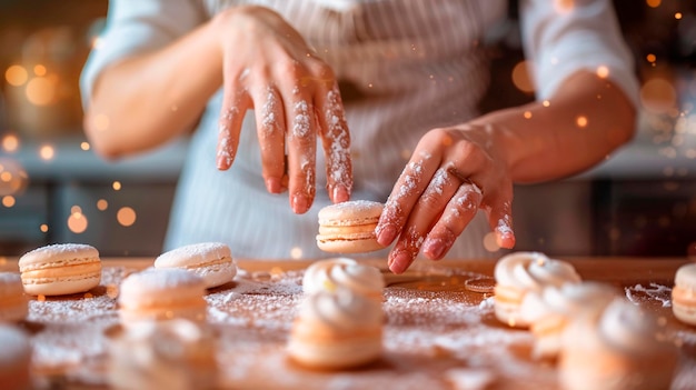 Photo chefs hands preparing macaroon cakes selective focus