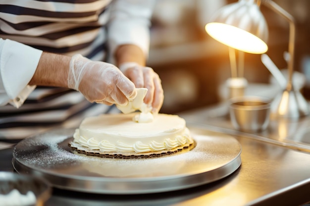 Photo a chefs hands skillfully decorating a cake with whipped cream on a rotating stand in a professional kitchen