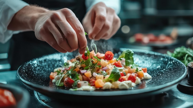 A chefs hands skillfully preparing a gourmet vegan dish with a focus on creativity and unique plantbased ingredients