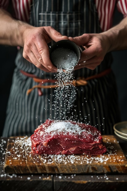 A chefs hands sprinkle salt onto a succulent steak resting on a cutting board