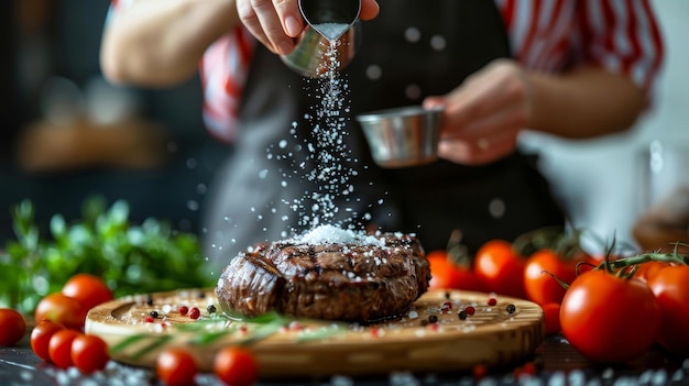 A chefs hands sprinkle salt and pepper on a sizzling steak adding flavorful seasoning