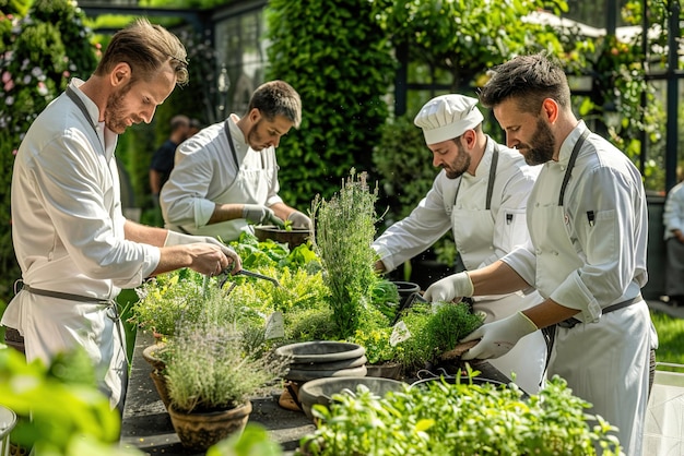 Chefs harvesting herbs and vegetables in a sunlit garden preparing for a farmtotable dining event