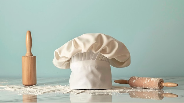 a chefs hat is on a table next to a white chefs hat