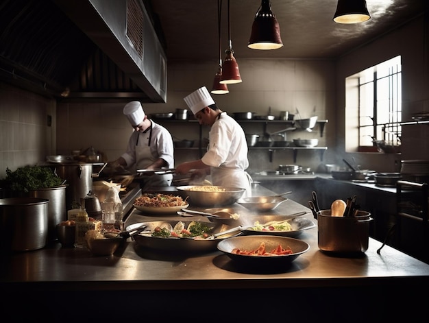 Chefs working in a kitchen with a red light hanging from the ceiling