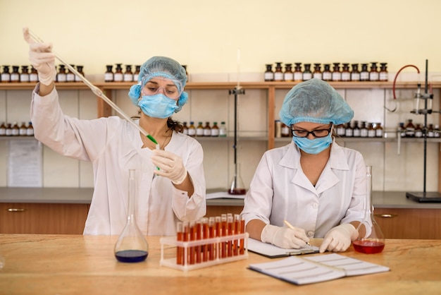 Chemical experiment in laboratory. Two chemists examining flask with liquid substance