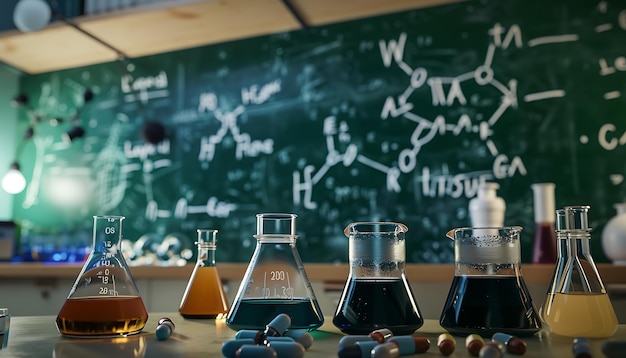 Photo chemical formulas and equations on a chalkboard in a lab showcasing scientific research and discovery