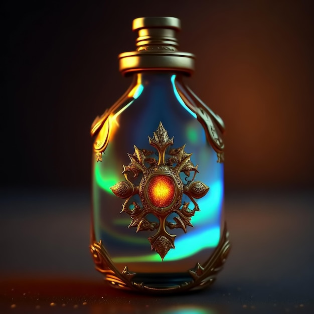 Chemical glass bottle filled with potion on dark background Magic liquid concept Generative AI