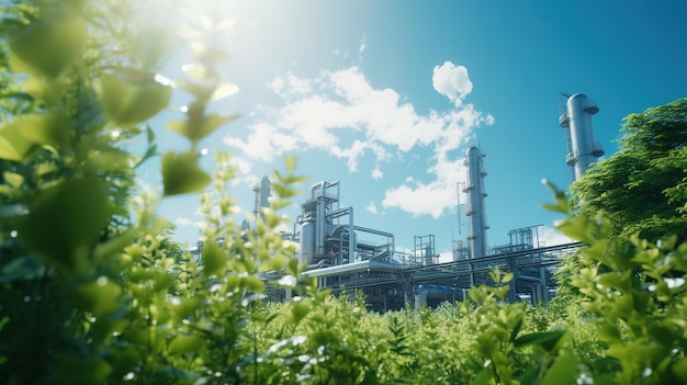 Chemical industrial plant surrounded by green trees and blue sky on a summer day