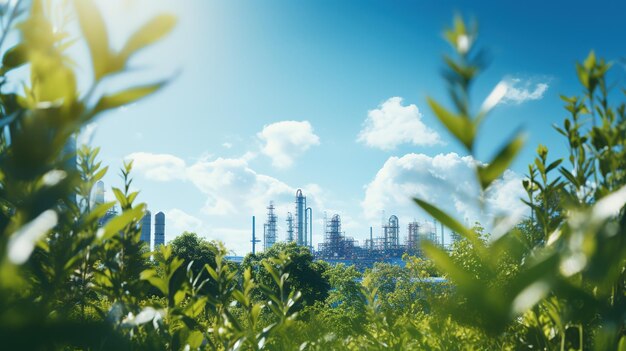 Chemical industrial plant surrounded by green trees and blue sky on a summer day