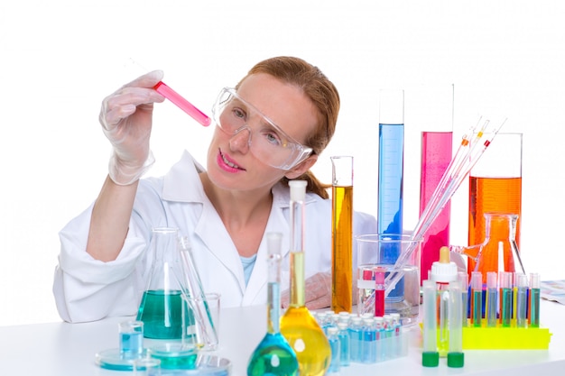 chemical laboratory scientist woman with test tube