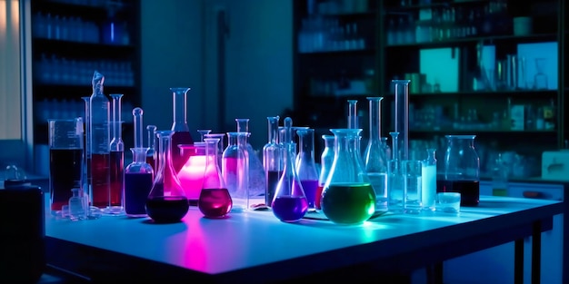 Chemical laboratory with flasks in twos color purple and pink