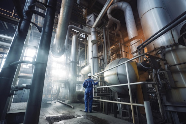 Chemical plant with large smokestacks emitting steam workers in protective gear monitoring