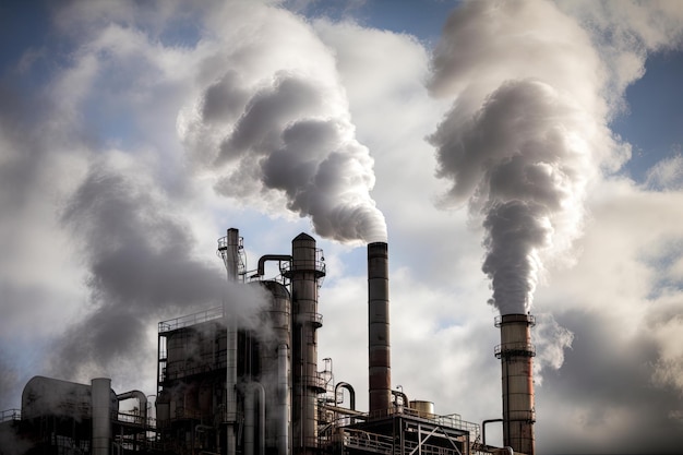 Chemical plant with smoke billowing from chimneys and steam rising from tanks