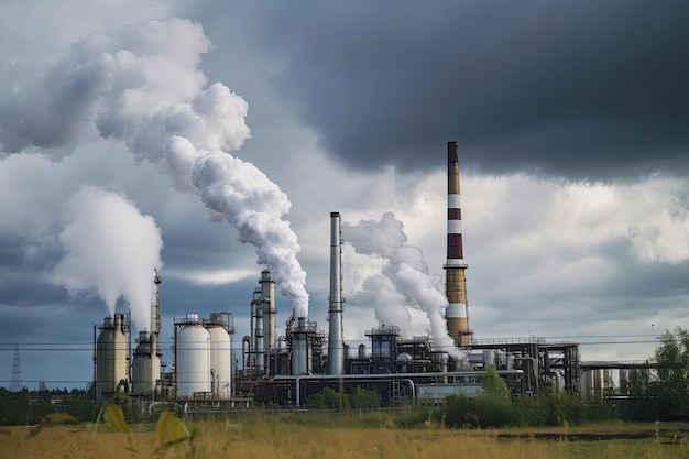 Chemical plant with steam and smoke rising from the chimneys to the sky created with generative ai