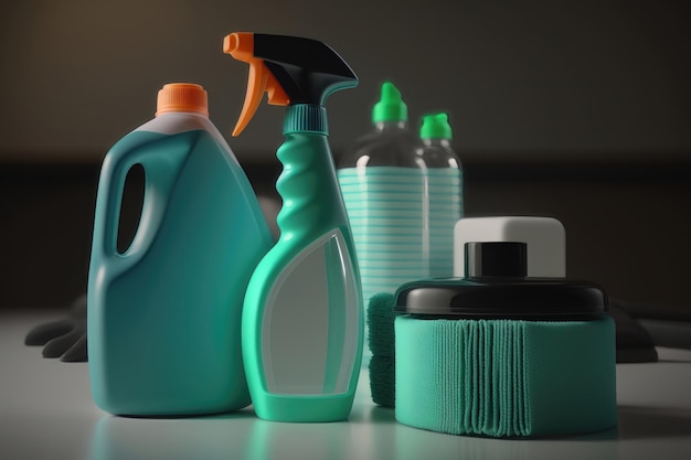 Chemical poisoned cleaning supplies bottles on dark background Cleaning service AI Generation