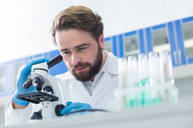 Chemical research. Professional smart bearded scientist sitting at the table and looking into the microscope while doing a professional research