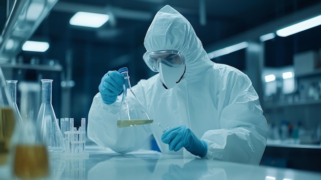 Chemical Scientist in Protective Suit Pouring Reagent