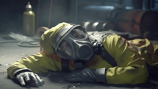 Chemicals worker in hazmat suit and gas mask lying down safety work generated ai image