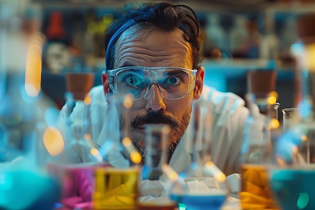 Chemist focused on experiment in laboratory with colorful liquids