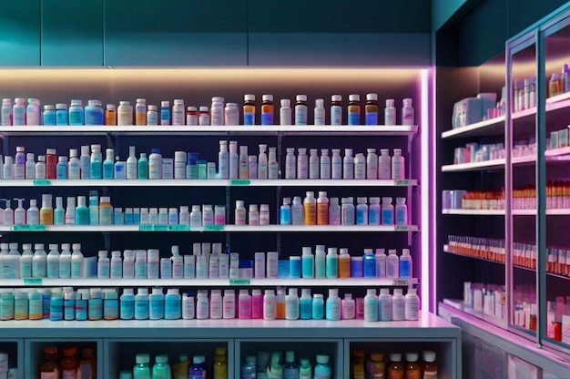 Photo at the chemist medicines arranged in shelves pharmacy drugstore with medicine healthcare