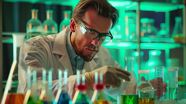 Chemist preparing chemicals with a green background displaying the periodic table