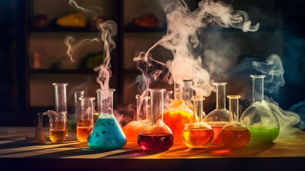 A chemistry class with beakers and smoke coming out of them