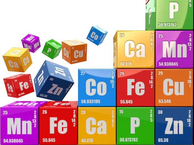 Chemistry concept. Wall from cubes wiyh periodic table of element. 3d