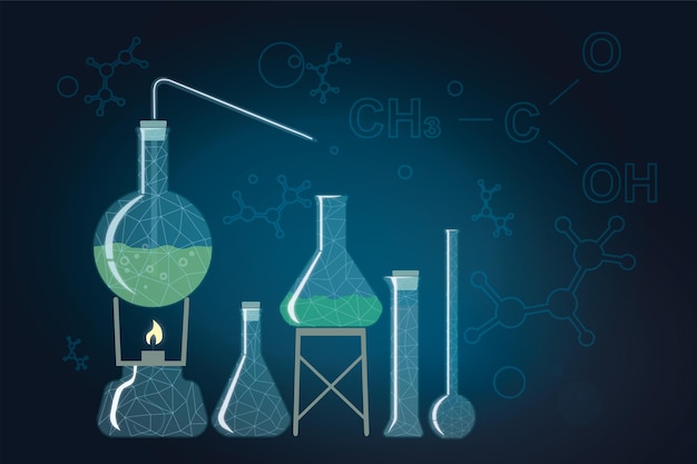 Chemistry experiences concept with glass flasks illustration on dark backdrop with formulas