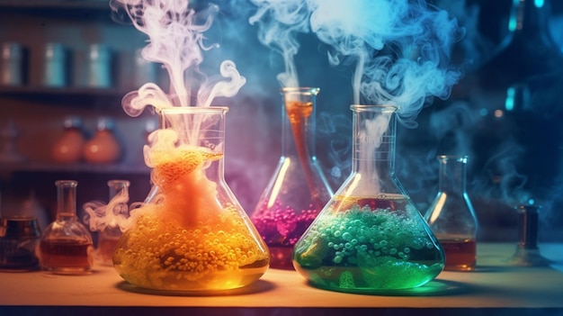 A chemistry experiment is shown in a dark room with colorful liquid in the beakers